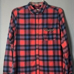 Hollister Plaid Button Up Blouse‎ Women’s Medium Beaded Chest Pocket Y2K